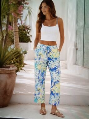 Lily Pulitzer Galley Linen Pants Tropical Tiki Pink Cabena Vacation Resort Women